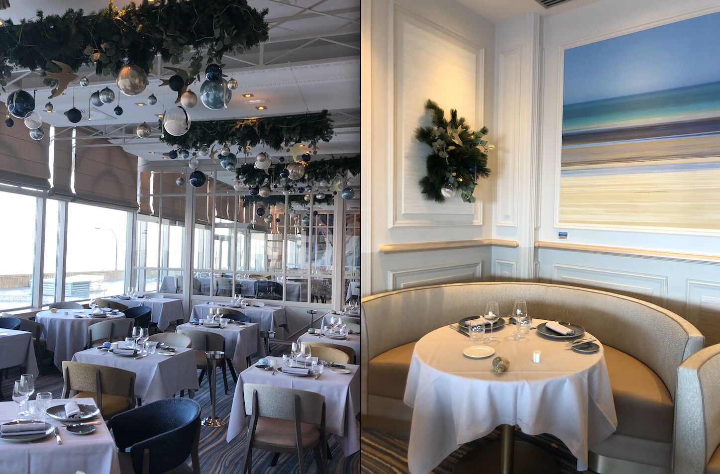 Décoration de Noël végétalisée suspendues dans la salle du restaurant le Cap Horn de Hôtel des Thermes à Saint-Malo.